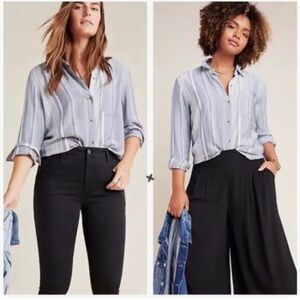 3/$22🩶 Anthropologie Maeve Chatham Blue Striped Chambray Button Down Shirt XS